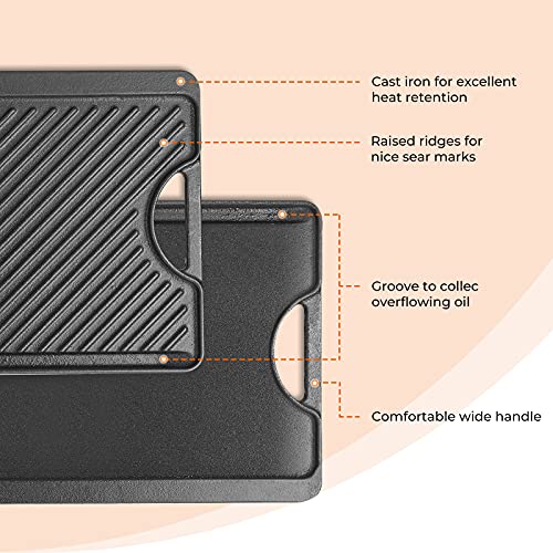 Puricon Cast Iron Grill Griddle for Gas Stove Top and Oven, 20" Reversible Enameled Cast Iron Grill Pan Griddle Plate with Handles, Use for Two Burners Campfire Outdoor Open Fire -1 Pack, Black