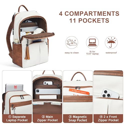 Leather Laptop Backpack for Women, 15.6" Causal Daypack Backpacks Purse Computer Backpack with Laptop Compartment for Travel Work College Business, Beige Brown4
