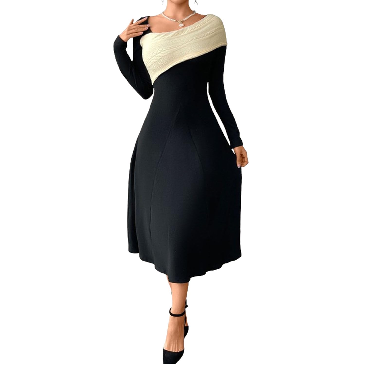 Vestido asimétrico Acampanado con Escote en V y Bloques de Color para Mujer - Elegante Vestido Midi de Oficina con Manga Larga y Cintura Alta
