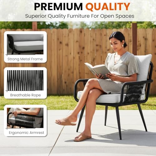 Image of DEVOKO Outdoor Rope 3-Piece Patio Set with Water-Resistant Cushions Perfect for Outdoor Entertaining and Relaxing on Your Patio, Balcony, Garden, Terrace, Deck (Black and Grey)