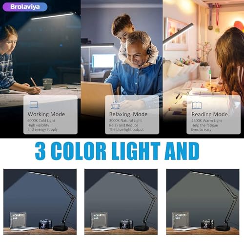 Image of BROLAVIYA Heavy Base LED Desk Lamp Light with Metal arm Table Lamp Stand, 3 Lighting Modes, 360 Degree Spin for Home Office, Desktop, Bedroom, Reading, Study lamp etc