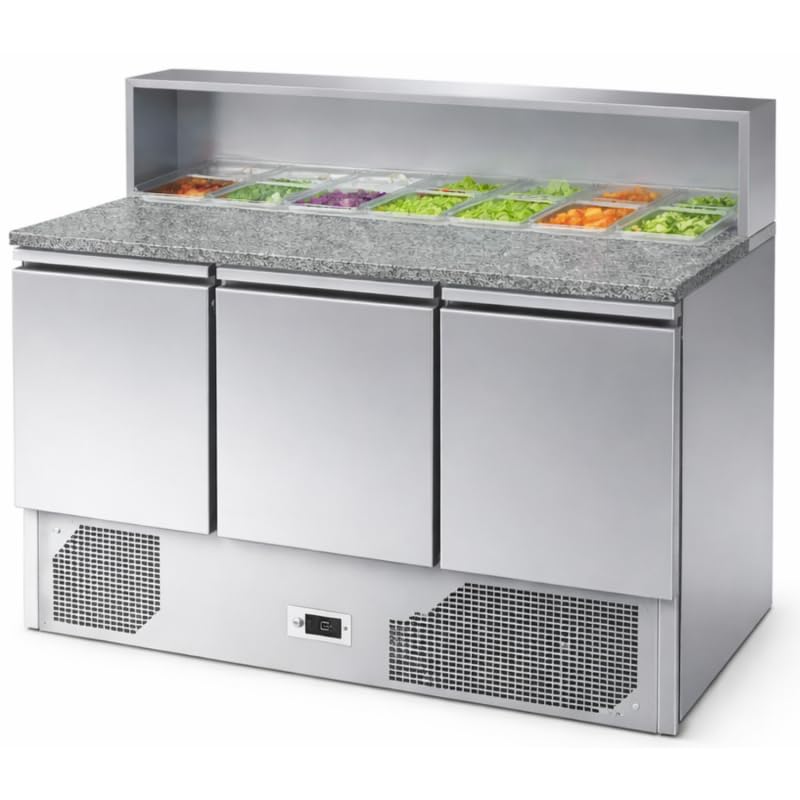 Torre de Pizza Refrigerada 3 Puertas – Encimera de Granito – Top con ingredientes GN 1/6 – 330L – Temperatura -2°/+8°C – Ideal para Pizzerías y Restauradores