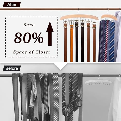 ManGotree Gürtel Aufhänger für Schrank, hölzerne Gürtelhalter mit 12 drehbaren Haken, platzsparende Gürtel Rack, Gürtel Lagerung Veranstalter für Gürtel, Krawatten, Schals, Hüte, 2 Pack (Natürlich)