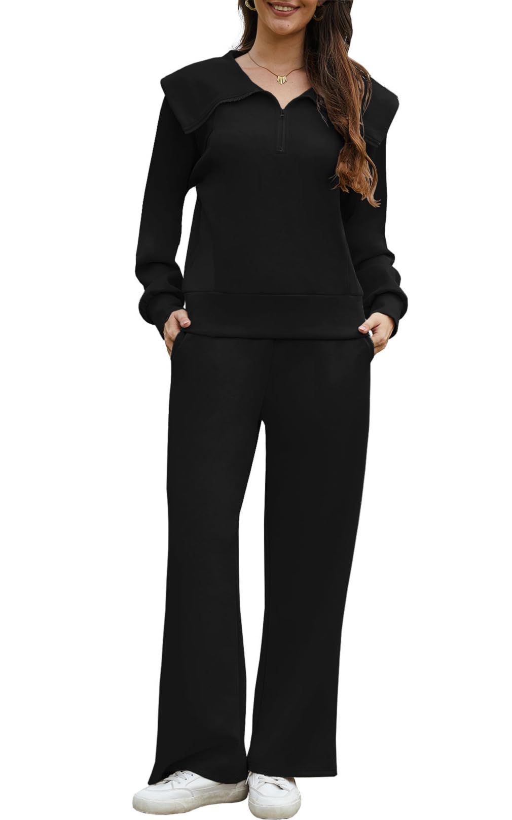 Ensemble Survêtements 2 Pièces Femme Ensemble Jogging Manche Longue Chaud Survêtement de Sport Automne Hiver Sweat Revers et Détente Pantalon Large Suit Demi Fermeture Éclair Loungewear Tenue