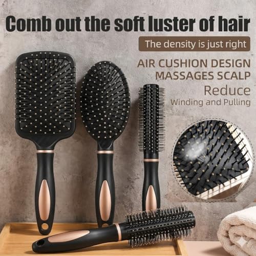 Image of Hair Brush Set for Women Men | 4pcs Includes Anti-Static Massage Oval Comb, Paddle Comb, Vented Detangling Brush & Round Hair Brush For Use Wet Dry Curly and Straight Hair