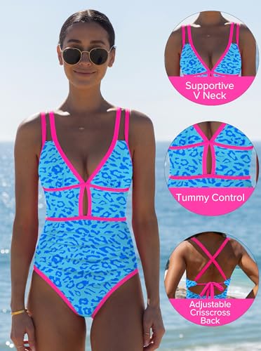 Image of popvil Women One Piece Swimsuit 2026 Tummy Control Sexy Cutout Neon Color Block Bathing Suit Slimming Adjustable Swimwear