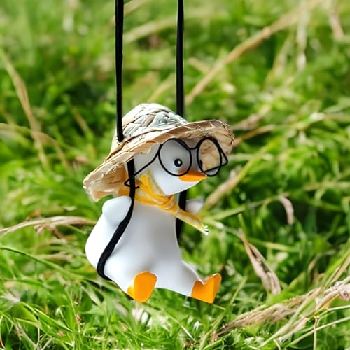 Swinging Duck Car Hanging Ornament - Rear View Mirror Hanging Accessories Cute Glass Charm Pendant Truck for Women Men Teens Fun Car Decor(Glass A)
