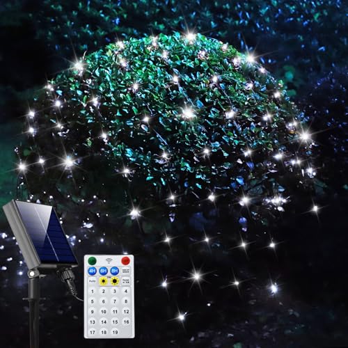 Solar Net Lights Outdoor Mesh Lights Christmas Decorations, 200LED String Tree Wrap Waterproof 19 Modes for Bushes, Fence,Garden, Shrubs,Trunk, Halloween,Xmas Decor-White 9.8ft x 6.6ft