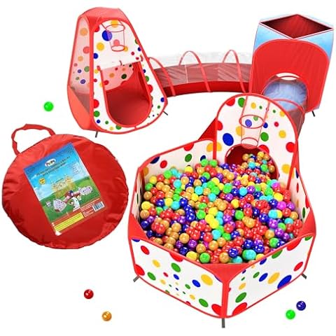 Playz 5-Piece Kids Play Tents Crawl Tunnels and Ball Pit Popup Bounce Playhouse Tent with Basketball Hoop for Indoor and Outdoor Use with Red Carrying Case Cover