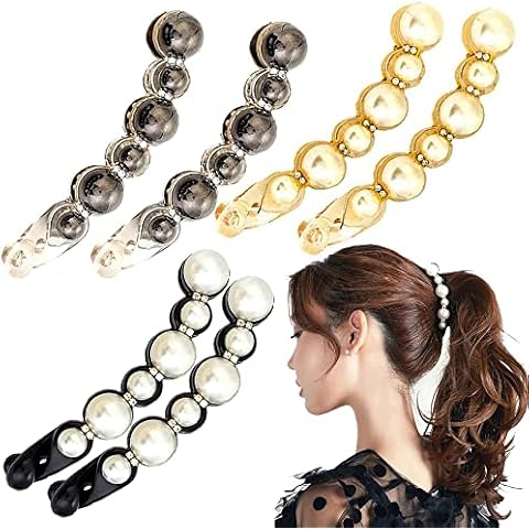 Pearl Banana Hair Clip, 6 Pcs Pearls Hairpins Claws, Banana Hair Clips, Banana Hairpins, Pearl Banana Clips, for Lady Fashion Elegant Party Barrettes Hair Accessories (3 Colors) Cover