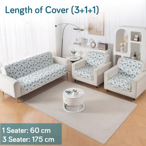 Image of HOKIPO Cerulean Bloom Quilted Sofa Cover 5 Seater with Tassels Set - Sofa Cover for Seat & Back | 'Tassel Twigs' Series (IN-991-T6 + IN-989-T6)