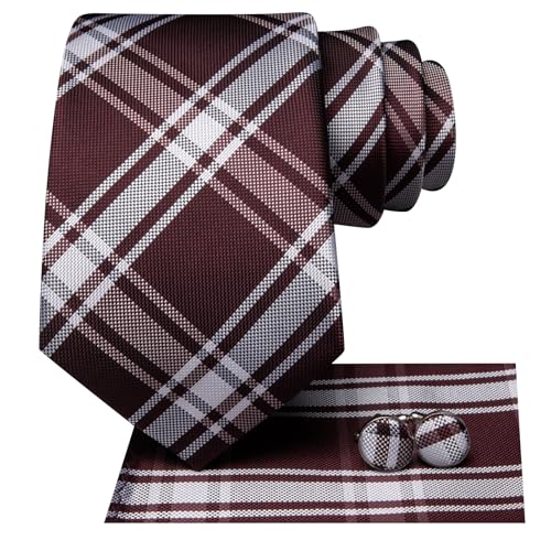 Image of Hi-Tie Silk Ties for Men Plaid Paisley Striped Necktie Pocket Square Cufflinks Set Formal Business