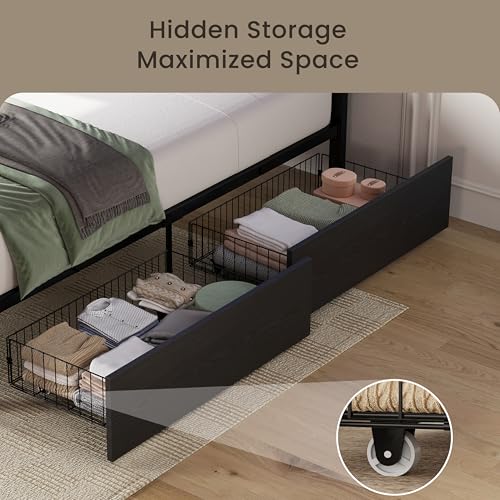 Image of LIKIMIO Twin XL Bed Frames with 2 Storage Drawers, Lights, Charging Station | Platform Twin XL Bed with Headboard and Footboard, Strong Metal Slats, No Box Spring Needed, Easy Assembly, Noise-Free, Black