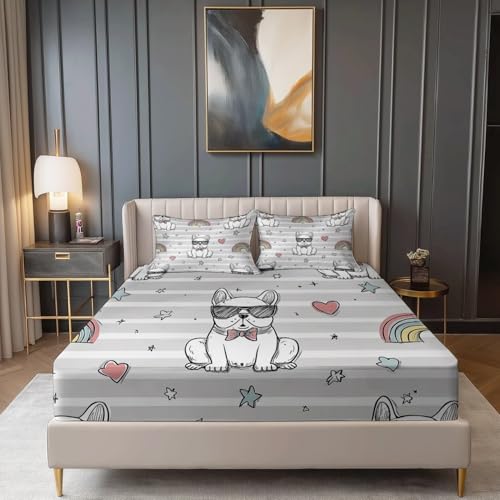 Antiscivolo Lenzuola Grigio Chiaro, Lenzuolo con angoli stampato tema Simpatici Bulldog Francesi Con Cuori, 140 x 200 cm Biancheria da letto traspirante microfibra per bambini ragazzi ragazze