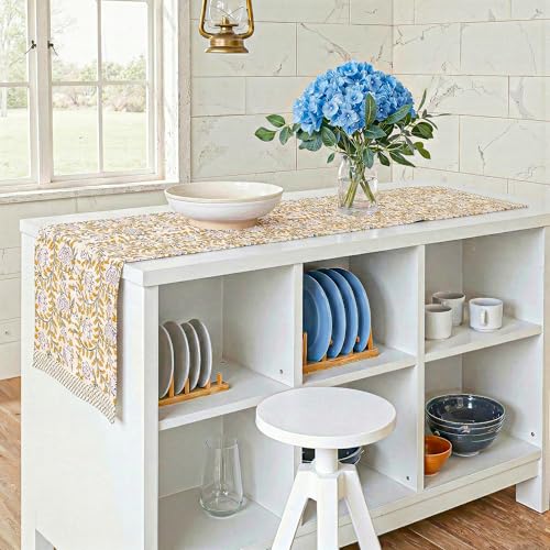 Image of Kuber Industries 13x72 Inch Dining Table Runner for Home Decor | 6 Seater Cotton Table Protecter Use for Kitchen & Buffet Cabinet | Vine Print - White & Yellow