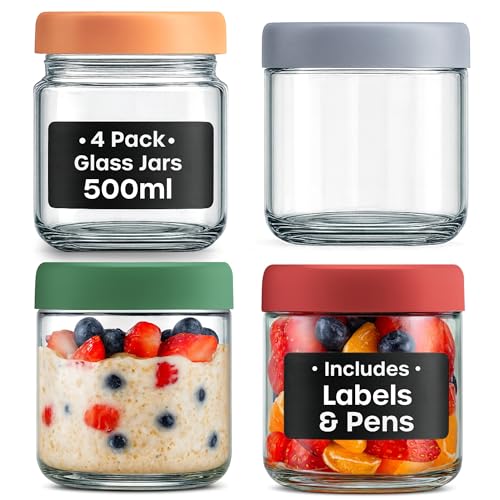 volila Overnight Oats Jar - 4 Pack 16oz / 500ml Vasos Yogurtera Con Tapa, Etiquetas Negras y Bolígrafo - Tarros Herméticos Reutilizables para Yogur, Salsas y Almacenamiento de Comida para Bebés