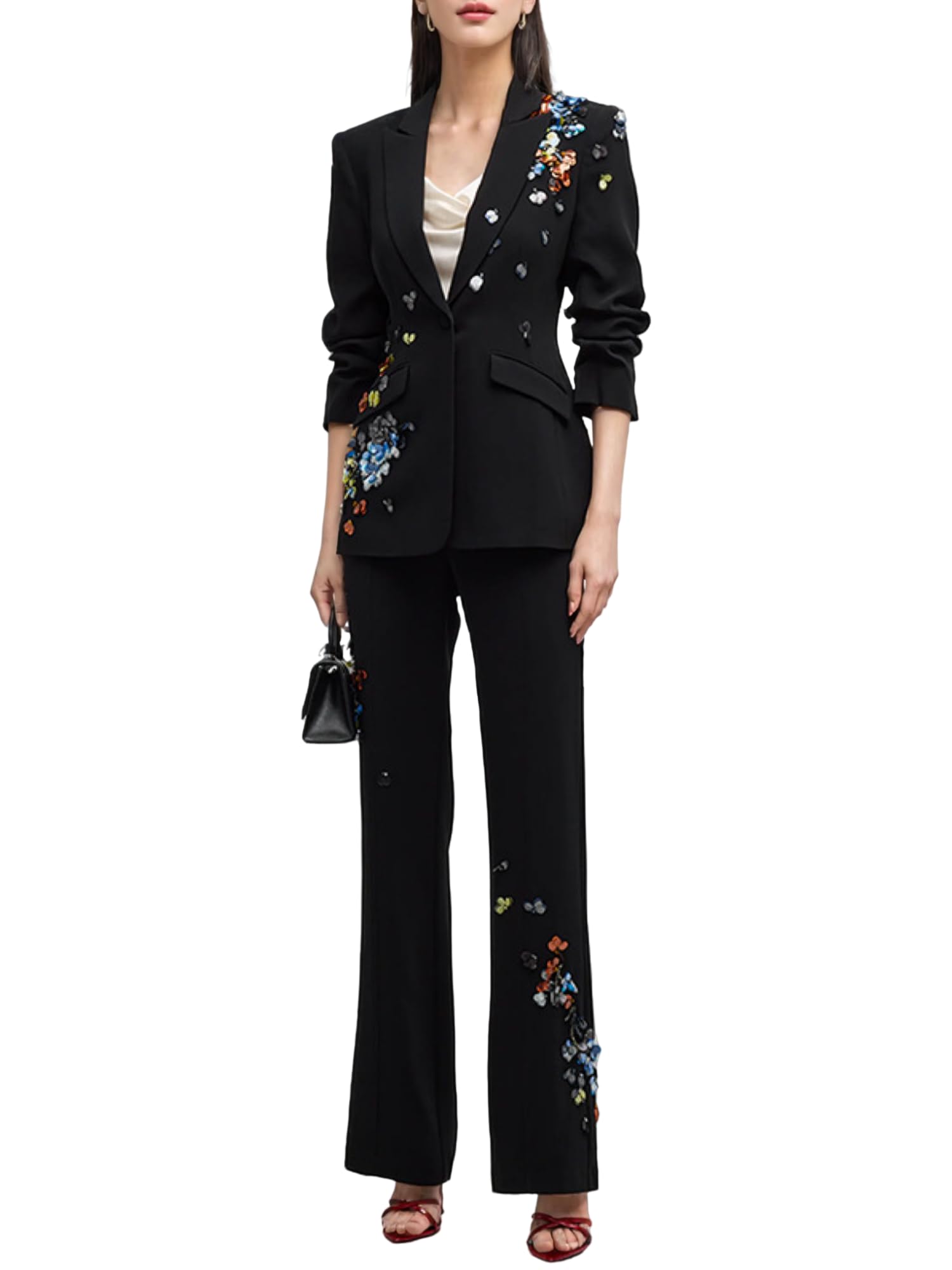 Womens 2025 Spring Elegant 2 Pcs Set Sequins Patchwork Packets Lapel Blazer High Waist Long Pant Female Suit