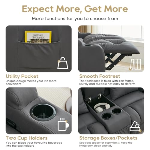 Image of IPKIG 65.3 inch RV Loveseat Recliner Sofa with Storage Console, Leathaire Fabric Wall Hugger Reclining Chair with Cup Holders and Side Pockets, Home Theater Seating Manual Recliner for Living Room (Grey)