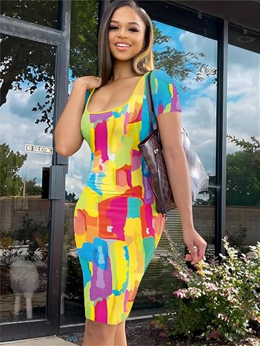 Image of Nimsruc Womens Summer Casual Sexy Short Sleeve Bodycon Dress Basic Pencil Midi Club Dresses
