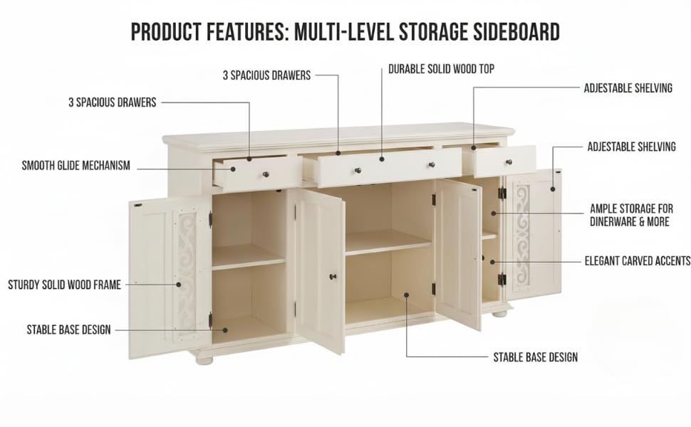 Image of APRODZ Solid Wood Sideboard Cabinet for Living Room | Wooden Storage Cabinet with 3 Drawers & 3 Doors | Kitchen Crockery Cabinet | Drawer Cabinet for Dining Room Bedroom & Home | 161x35x79 cm,White