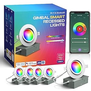 Glowray 4 Inch Gimbal Smart WiFi Recessed canles Lights dimmable-10W 750 Lumens RGB Color Changing, LED Ceiling Spotlights Mobile App Apple/Alexa/Google Assistant ETL IC Rated