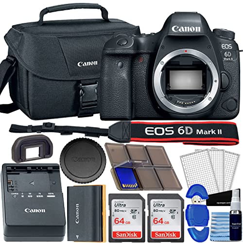 Canon EOS 6D Mark II DSLR Camera Body - WiFi Enabled Black Bundle with 2X 64GB SD Cards, Case + More (Renewed)