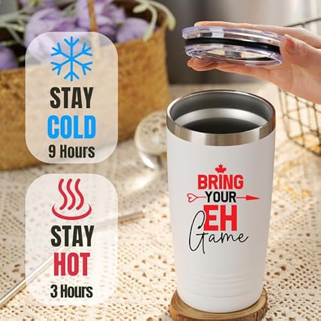 Onebttl Canadian Gifts for Women, Men, Candian, Canada Gifts, Bring Your Eh Game, 20oz Stainless Steel Tumbler, White