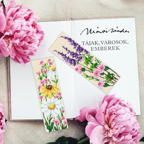 Image of INFUNLY 6PCS DIY Flower Cross Stitch Bookmark Kit for Beginners 8.66 inchx3.15 inch Stamped Embroidery Bookmark Kit Hand Plant Bookmark Cross Stitch Kits with Instruction for Book Lovers Reader Writers
