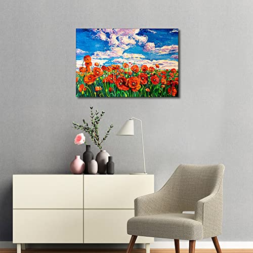 TISHIRON Red Flowers Canvas Prints Wall Art Flower Field under the Setting Sun Oil Paintings Pictures for Home Decorations Modern Stretched and Framed Giclee Artwork 16x24 inch - Image 3