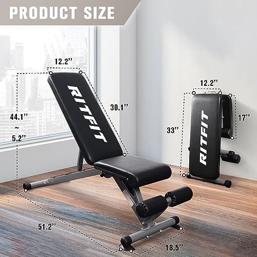 Ritfit Adjustable/Foldable Utility Weight Bench For Home Gym, Weightlifting And Strength Training - Bonus Workout Poster With 35 Total Body Exercises（Pwb01-2023 New Version） #TOP3
