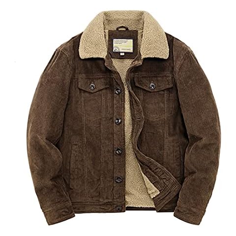 utcoco Men's Vintage Fleece Sherpa Lined Corduroy Denim Trucker Jackets Lapel Button Down Thickened Winter Coats (XL, Dark Brown) Cover