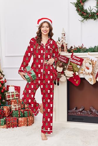 Image of Ekouaer Womens Satin Pajama Set Classic Pattern Silky Pj Sets Button Down Sleepwear Loungewear,Medium,Red Chirstmas Teddy