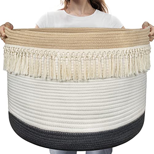 Image of AELS XXXLarge 22"x22"x15" Rope Boho Basket Woven Laundry Basket for Blankets Storage Basket with Handle Comforter Cushions Storage Bins Thread Laundry Hamper-Brown White Gray 93 Liters