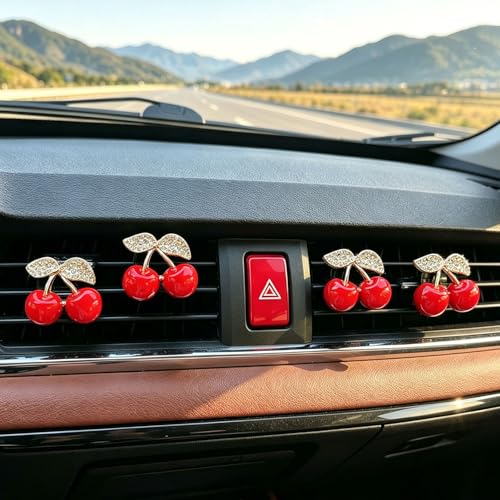 Image of 4 Pack Cute Red Cherry Car Air Vent Diffuser with Replaceable Refills, Clip-On Car Air Freshener, Auto AC Vent Decor Accessories, Aromatherapy Ornament Gift for Women