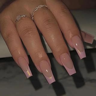 Shimmer Pink French Tip Press on Nails Long Coffin Nails Press ons,KXAMELIE Gel French Tip Nails for Women,Natural Nude Fake Nails Full Cover Long Square Nails Acrylic Glue on Nails Long Nails Set in 12 Sizes