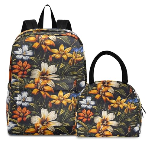 Oil Painting Floral Print Backpack Set with Lunch Bag, Large Capacity Travel Backpacks and Lunch Box Insulated for Commute Hiking Picnic