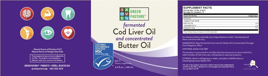 Green Pasture Butter Oil/Fermented Cod Liver Oil Blended Gel - 6.4 oz.- Unflavored