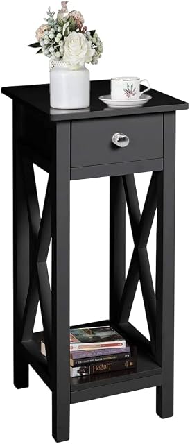 INMOZATA Telephone Table Tall Slim with Drawer End Table Side Table Corner Bedside Table for Living Romm Bedroom Hallway Black
