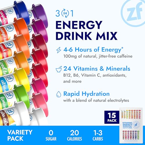 Zipfizz Daily Energy Drink Powder, Variety Pack, 15 Pack | 3-in-1 Sustained Energy, Rapid Hydration, and Essential Vitamins | Sugar-Free | Electrolyte Powder | Contains Vitamin B-12 & Antioxidants
