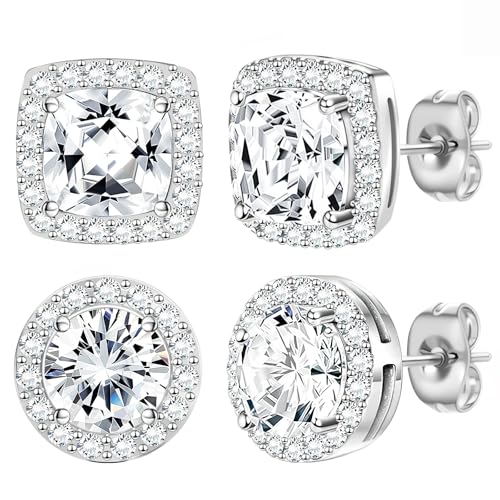Image of NEWITIN 2 Pairs Silver Stud Earrings for Women Hypoallergenic Earring Stainless Steel Inlaid Cubic Zirconia Studs Earring Diamond Halo Stud Earrings for Women Men