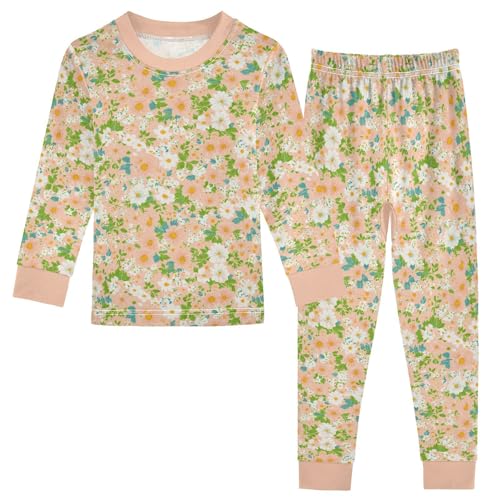 Cartoon Pajamas Set White Pink Flower Green Leave Pattern Long Sleeve PJs Cotton Jammies Sleepwear Top and Pants