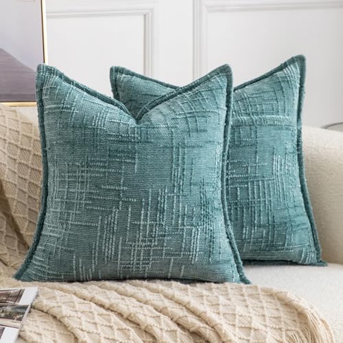 Image of MADIZZ Pack of 2 Chenille Throw Pillow Covers 16x16 Inch Teal Soft Neutral Decorative Throw Pillows for Couch Sofa Boho Accent Cushion Covers Modern Farmhouse Home Decor for Bedroom Living Room