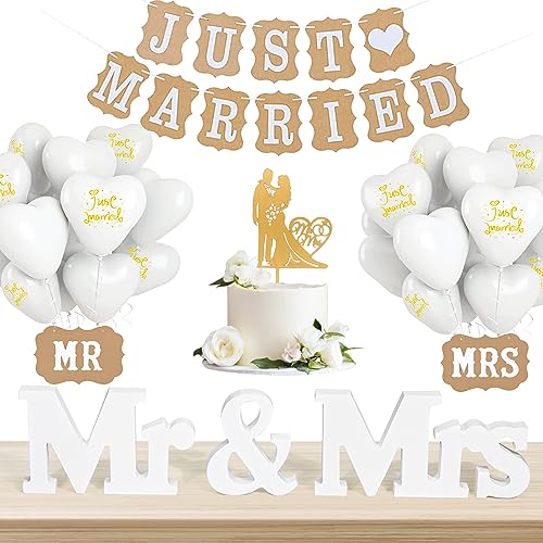 Littlegrasseu Camino de Mesa Yute Rústico Vintage de Encaje Cubierta para Mesa de Arpillera Natural para Boda Fiestas Eventos Decoración 30 * 275cm (2pcs) 15 Just Married Decoracion, MR & MRS Decoración con 20 Piezas Globos Blancos, Recién Casados Guirnalda Bandera y Globo, para Wedding Decoration, Banderines y Adornos, Decoración de Bodas