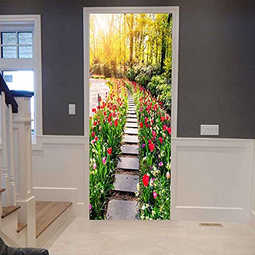 CBWRAW 3D Türaufkleber Blumenpfad Landschaft Abnehmbare PVC Selbstklebende wasserdichte Wandbild Art Decals Poster Tapete Für Wohnzimmer Küche Schlafzimmer Kinderzimmer Dekoration 90x200cm Cover
