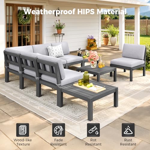 Image of Modular Outdoor Patio Conversation Set, 6-Piece L-Shaped Sectional Sofa Set with Coffee Tables & Thick Cushions, Easy Side Interlock, HIPS All-Weather Patio Furniture Set for Backyard, Deck, Poolside