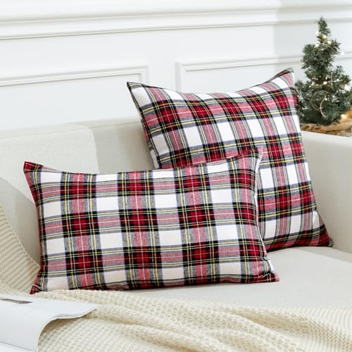 JOTOM Christmas Scottish Tartan Plaid Throw Pillow Covers Farmhouse Classic Decorative Square Cushion Covers 40 x 40cm Soft Pillowcases for Decor Sofa Couch 16x16 Inch Set of 2 (Red White) - Image 2