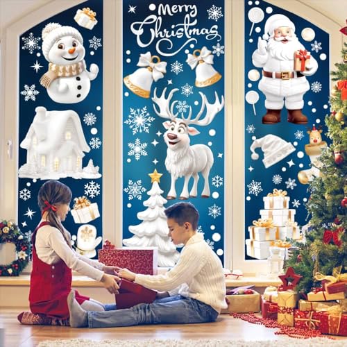 9 Sheets Christmas Window Stickers I Christmas Window Decorations Doubleside Reusable I 3D Xmas Window Clings Decals Snowflakes Santa Claus Reindeer Snowman I