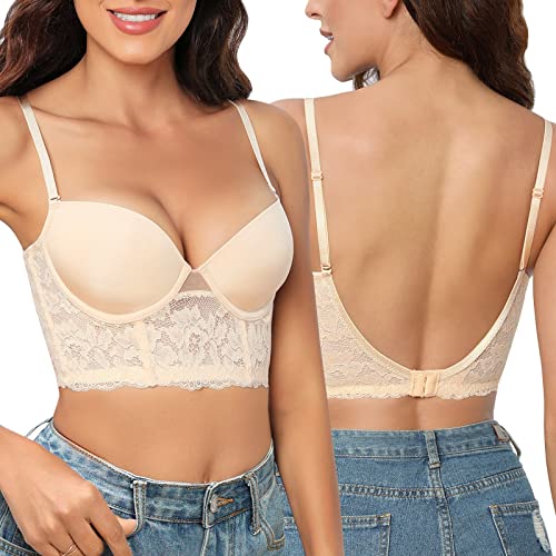 Niwicee Push Up BH Rückenfreier BHS Mit Bügel Tiefem Rücken Für Frauen Deep U Mit Floralem Spitzenrand Sexy Tiefer V Dünner Cup-BH Unterwäsche Abnehmbar Träger-Beige-38-B