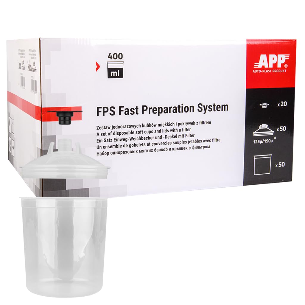APP FPS Gobelet jetable Pistolet à Peinture 400 ML avec Couvercle Filtre 190 µm | Kit 50 gobelet en Plastique jetable, 50 couvercles, 20 Bouchons | Gobelet Plastique avec Couvercle Pistolet Peinture