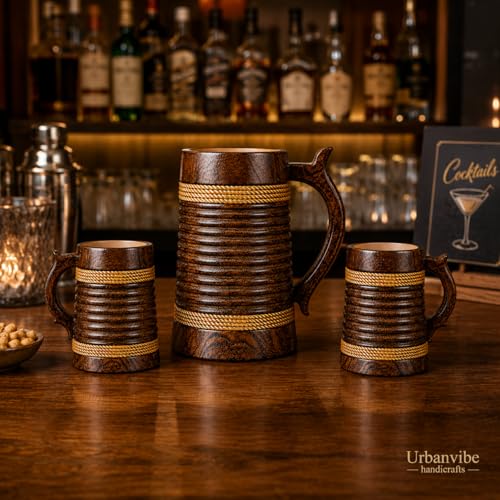 Image of Wooden Beer Bar Combo Set | Barrel Shaped Jumbo Mug | 2 Small Beer Mug 350ML (5 x 4 inches Each) & 1 Large Beer Jug 750ML | Ring Groves